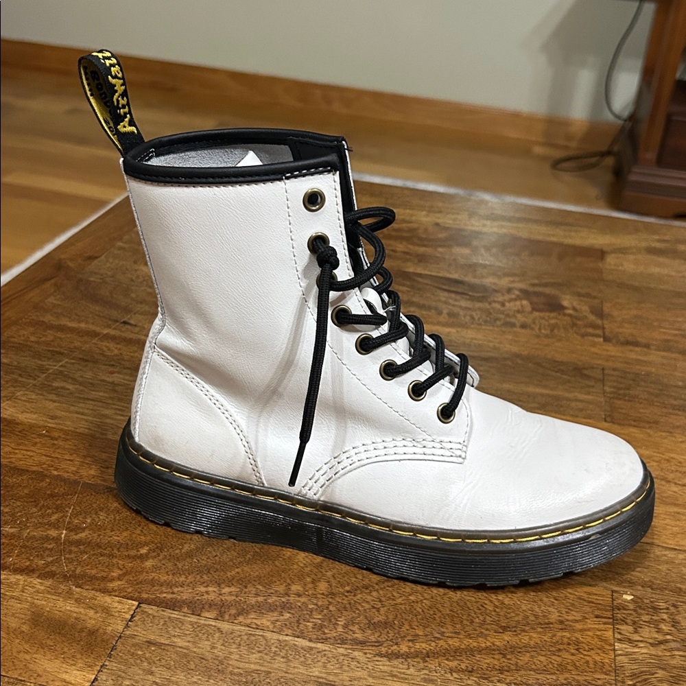 Dr. Martens White Zavala Patent Leather Boots with Black Laces